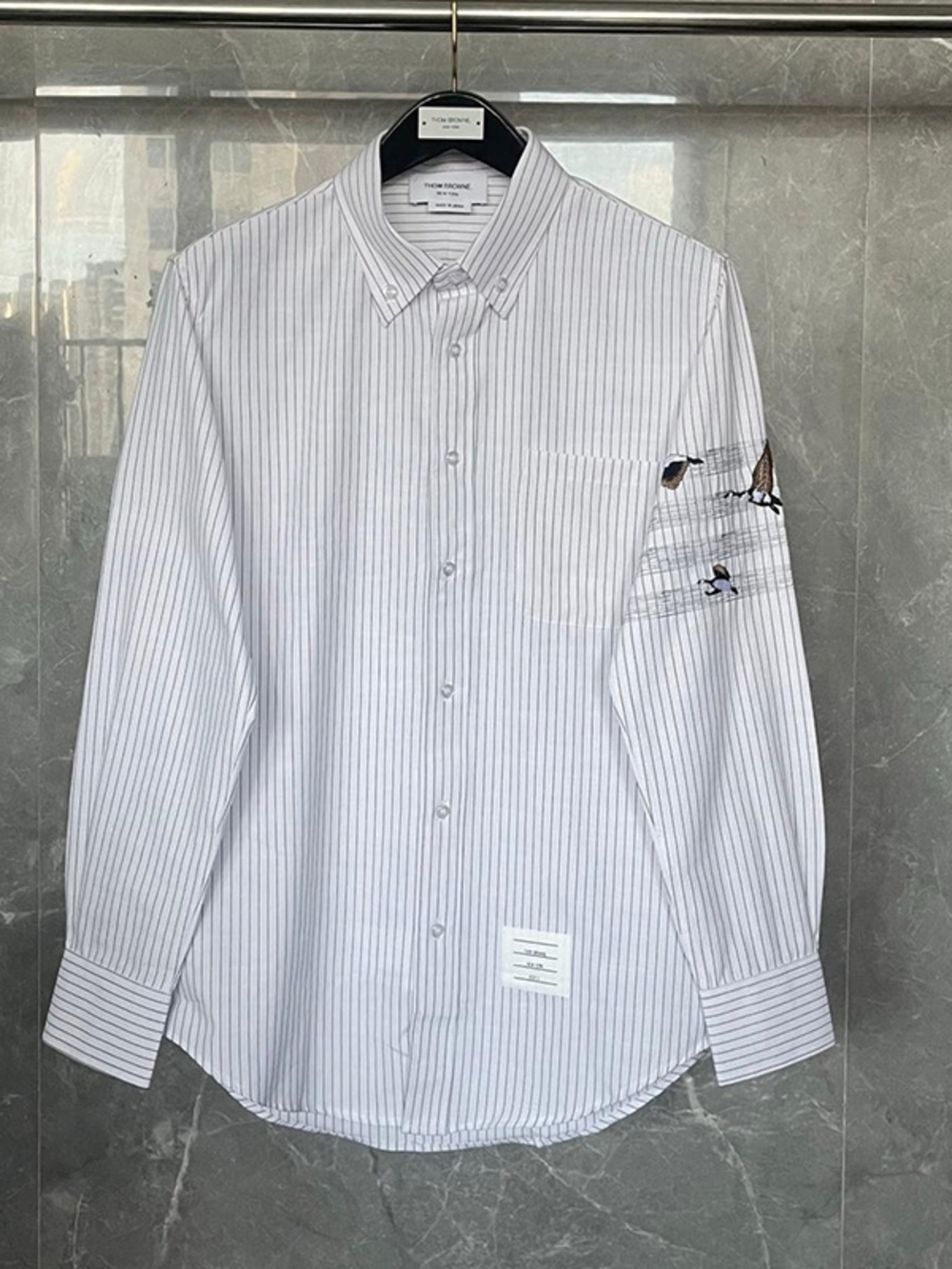 Thom Browne White Pinstripe Button-Down Shirt with Sleeve Bird Embroidery